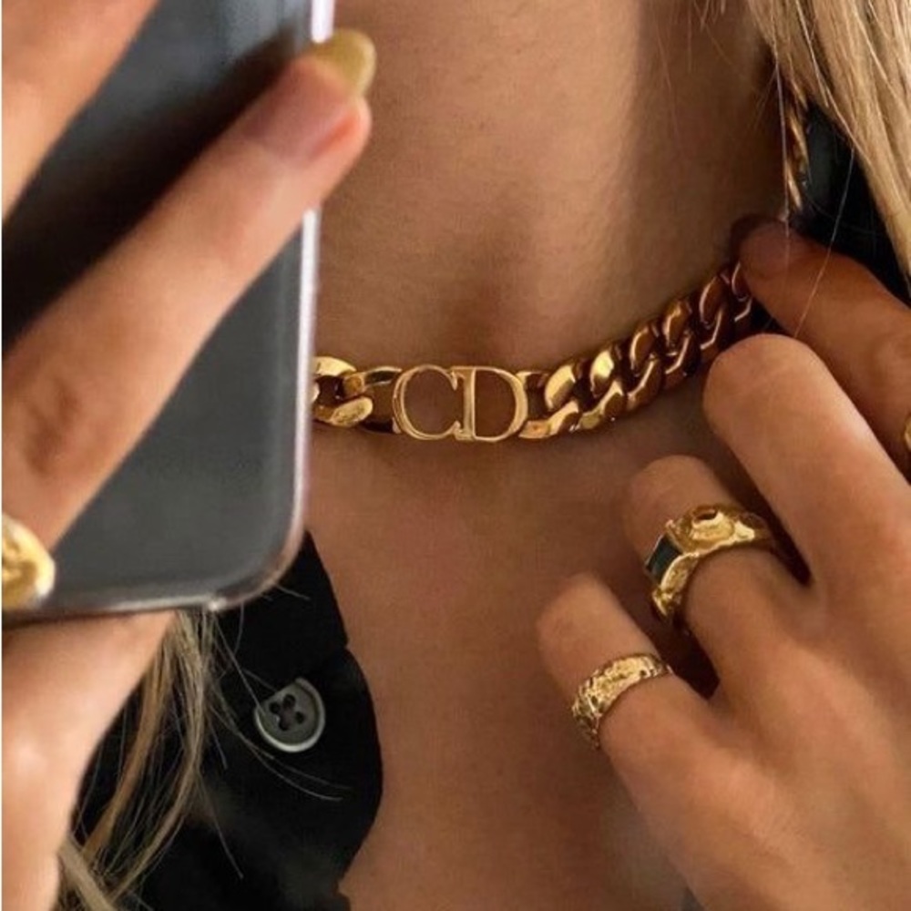 Christian Dior Goldtone Cuban link choker necklace with gift box